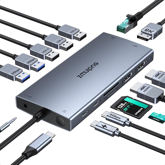 USB C Laptop Docking Station with 2 HDMI 4K@60Hz+DP 8K@30Hz for Dell HP Thinkpad Surface, 15 in 1 USB C Hub Triple Display Multiple Adapter, Dongle with USB A Port+Button+PD+Ethernet+SD/TF+Audio