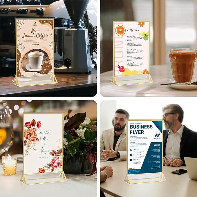 5x7 Gold Acrylic Sign Holder, 12 Pack Wedding Table Number Stands With Vertical Gold Borders, Double Sided Picture Frame Paper Stand, Clear Photo Display Menu for Party, Home, Restaurant