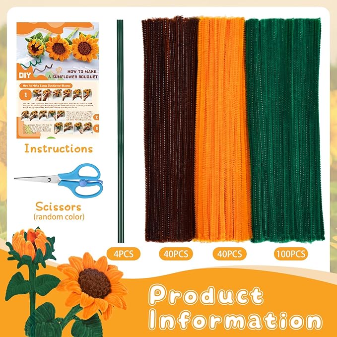 UzecPk 190PCS Pipe Cleaner Sunflower Kit for Crafts, Pipe Cleaners for Crafts, Pipe Cleaner Flowers Crafts, Pipe Cleaners for Flowers, Craft Supplies Kit, Ideas for Art Project Activity
