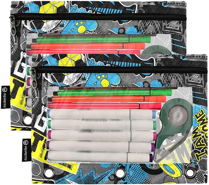 ZAZYXTJ Soccers Binder Pencil Pouchs 3 Ring with Zipper Clear Window Office Organizers bag for School Students Teacher Supplies 2 Pack