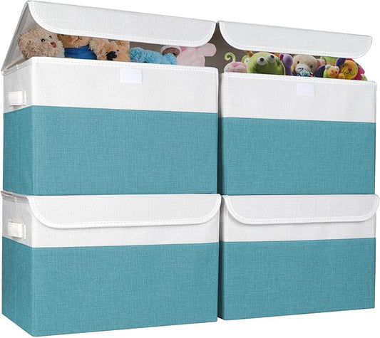 Large 22 Quart Linen Fabric Foldable Storage Bin Cube Organizer Basket with Flip-Top Lid & Handles, Clothes Blanket Box for Home, Office, Closet, Teal & White, 4 Pack 14.6 x 9.5 x 9.5