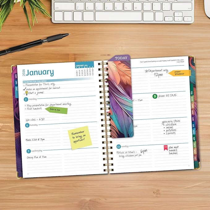HARDCOVER 2026 Planner, 7"x9": 14 Months (November 2025 - December 2026), Daily Weekly Monthly Planner, Yearly Agenda, Bookmark, Pocket Folder and Sticky Note Set (Pastel Peacock)