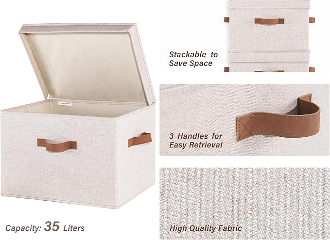 StorageWorks Fabric Storage Bins with Lid, Decorative Storage Boxes for Shelves, Stackable Closet Organizer Basket with Handles, Jumbo, Brown and Beige, 2-Pack