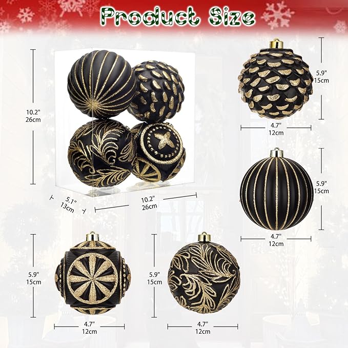 Hollyone 4.7 Inch Large Black and Gold Christmas Ornaments 4Pcs Christmas Tree Balls Shatterproof Christmas Ornaments for Xmas Tree Decor for Holiday Party Wreath Home Decor (Black & Gold, 120mm)