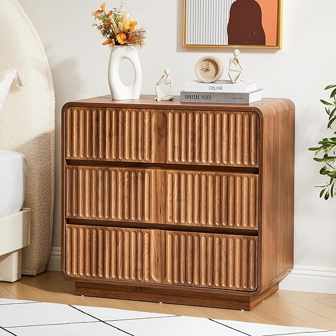 Turtle&Myrtle Fluted 3 Drawer Dressers for Bedroom, 31.5" Wide Large Mid Century Modern Nightstand W/3 Storage Drawers, Wood Dresser & Chest of Drawers with Curved Profile for Living Room (Walnut)