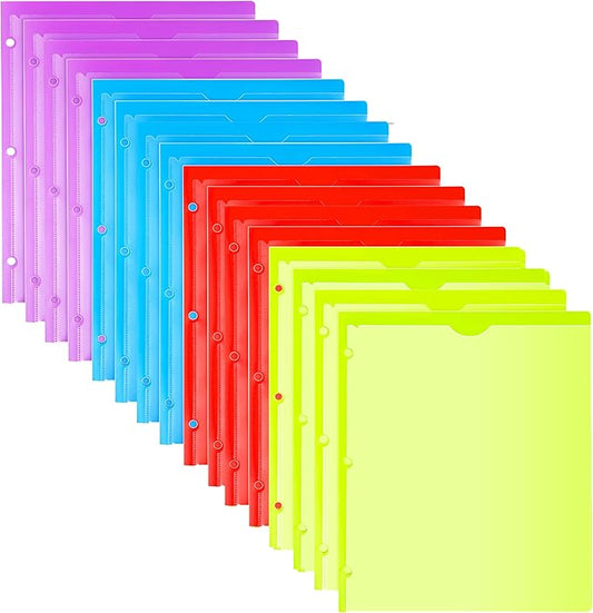 TEWRLANDE 16 Packs Heavy Duty 3 Pocket Folders with Holes, Plastic Folders with Clear Front Pocket for 3 Ring Binder, for Letter Size Paper, Assorted Colors/Card Slot