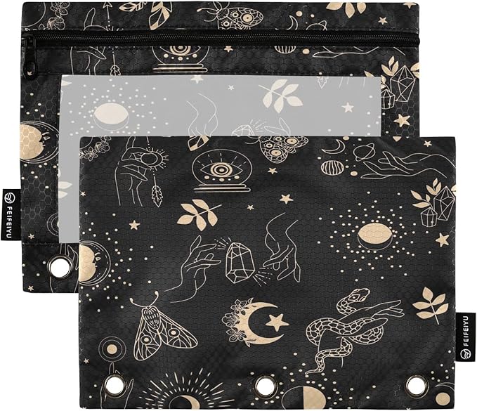 ZAZYXTJ Personalized Bohemia Boho Binder Pencil Pouchs 3 Ring with Zipper Clear Window Office Organizers bag for School Students Teacher Supplies 2 Pack