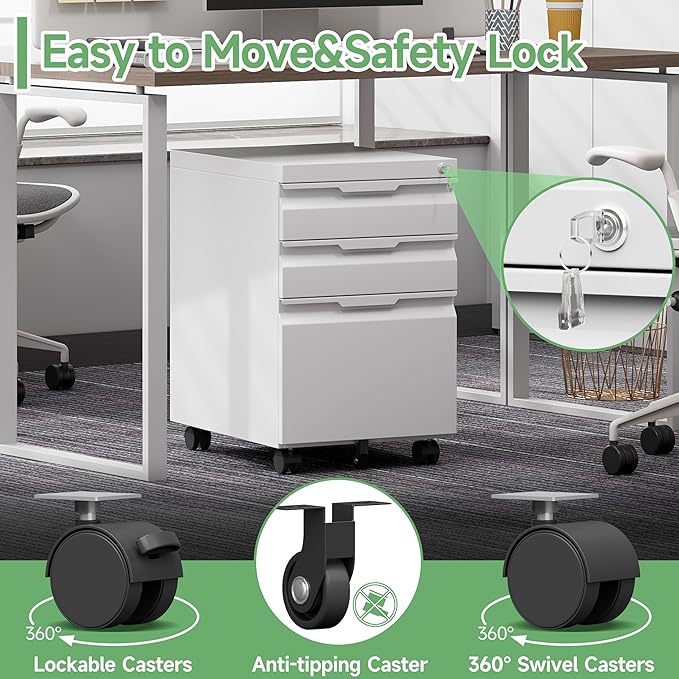 3 Drawer Mobile File Cabinet with Lock,Under Desk Metal Filing Cabinets with Wheels for Home Office Organizer Letters/Legal/A4(Easy Assemble-White)