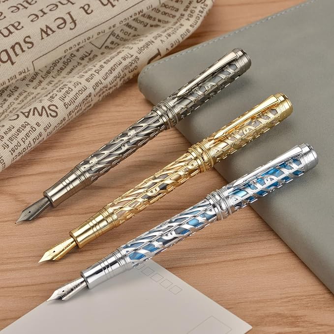 Hongdian A6 Piston Fountain Pen Fine Soft Nib, Jet Black Hollow Skeleton & Resin Pen with Metal Case Set