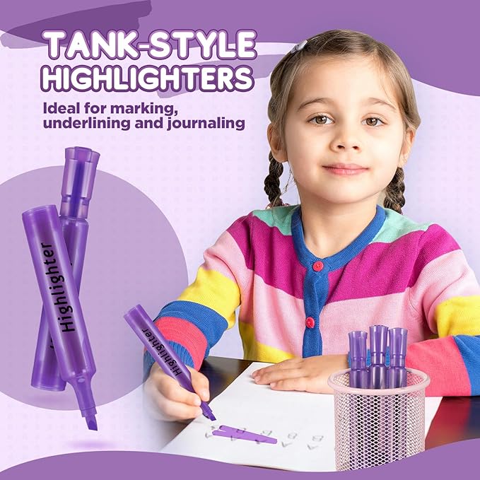 Qilery 30 Pack Highlighters Bulk, Tank Style Chisel Tip Highlighters Markers Quick Drying for Kids and Adult Coloring, Classroom Home Office School Supplies (Purple)