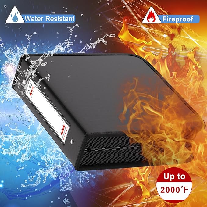 Fireproof 3 Ring Binder with Zipper, 2.5 Inch D Rings Hold up 650 Sheets of 8.5" x 11" (A4), Compatible with Clear Page Protectors, Built-in net and Pen Holder (1 Pcs, Black, 2.5")