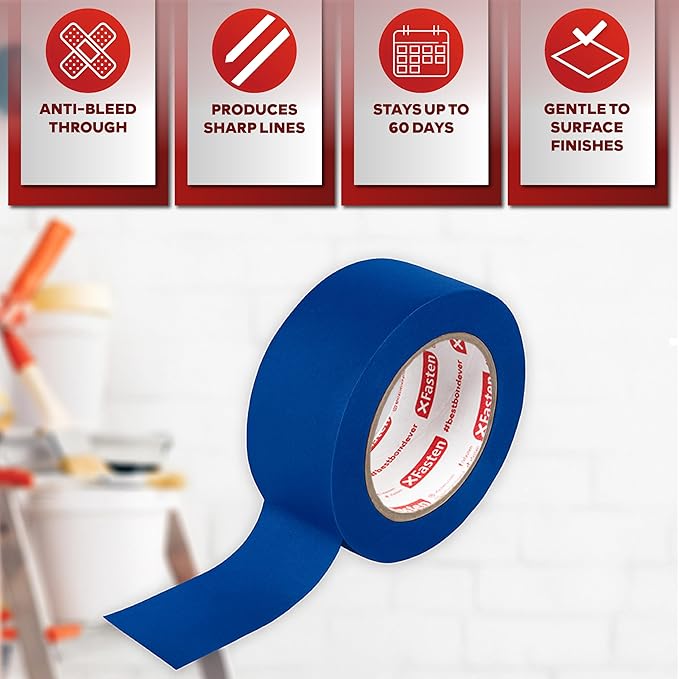 XFasten Professional Blue Painters Tape, Multi-Use, 1/2-Inch by 60-Yard, Pack of 6, Blue Tape Bulk - Sharp Edge Line Technology, Produces Sharp Lines | Residue-Free and Artisan Grade Wall Trim Tape