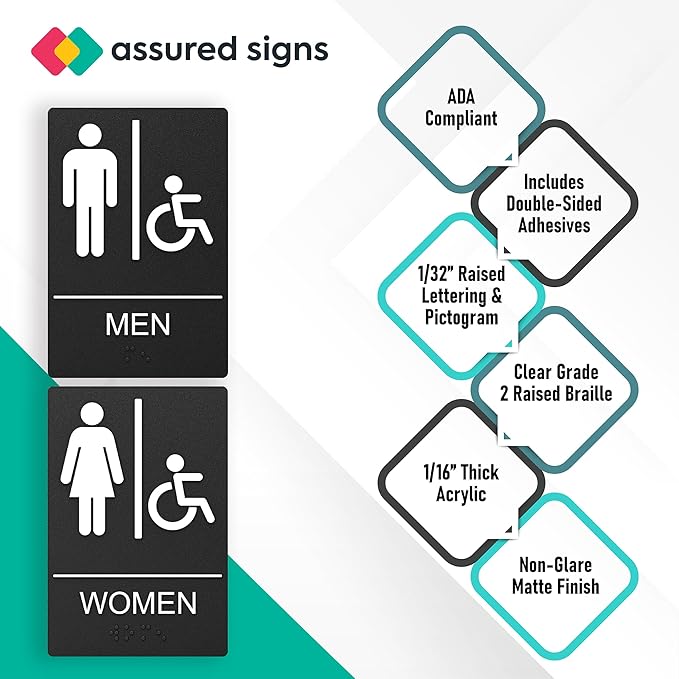 ASSURED SIGNS Unisex Bathroom Signs, Restroom Sign For Business - For Unisex Men and Women - 2 Pack - 9" by 6" - ADA Compliant with Braille and Handicap Symbol - Strong Double-Sided Adhesives Included - Apply to Door or Wall