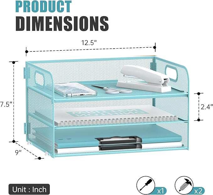 Daltack 3-Tier Paper Organizer with Handle, Mesh Desk Organizer Letter Tray, Blue