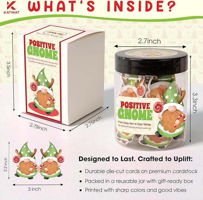 Positive Gnome Jar – 60 Funny Emotional Support Gnome, Christmas Gifts for Teens, Women, Men, Coworkers, Teachers, Sisters, Friends – Christmas Gnome Gifts for Women, Teens, Kids
