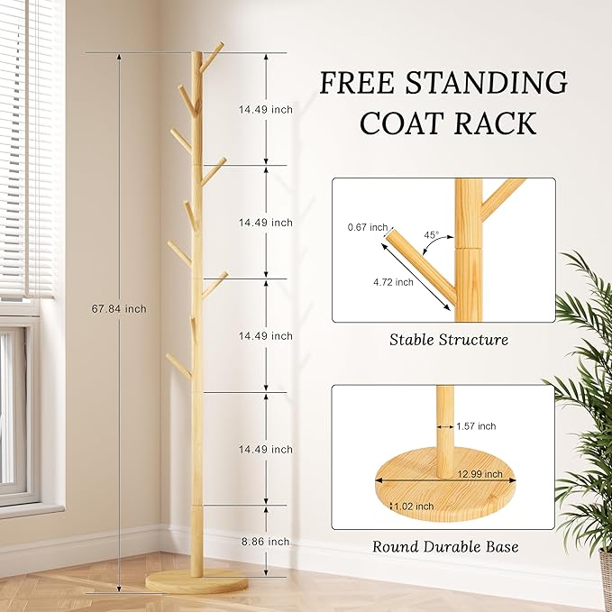 Wooden Coat Rack Freestanding with Round Base, Adjustable 4 Heights Sturdy Coat Hanger Stand 9 Hooks for Hanging Bags, Hats, Save Space Coat Tree for Narrow Place, Entryway, Bedroom, Office (Natural)