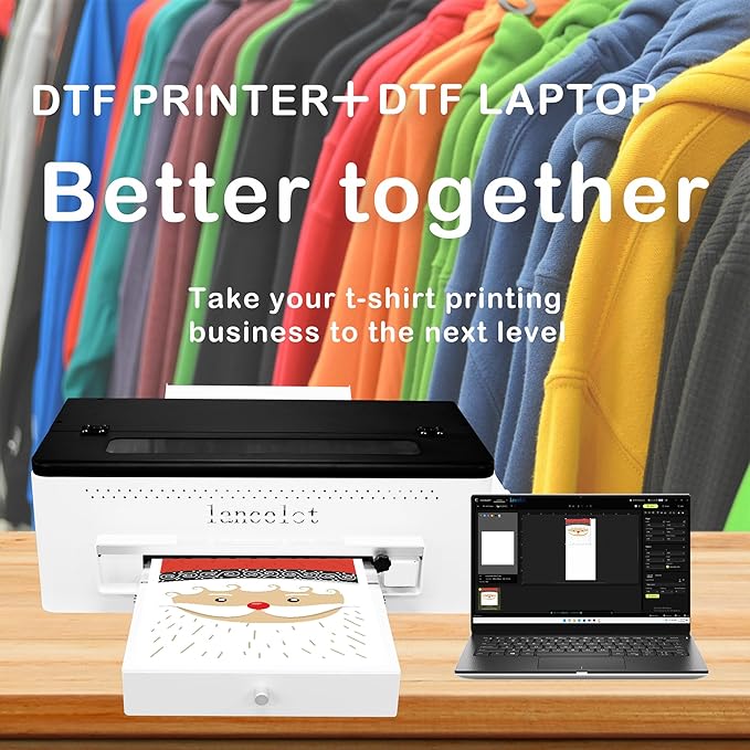 Lancelot A3 l1800 DTF Transfer Printing Machine with Roll Feeder, White Ink Circulation and Easy Operation,DTF Printer Bundle for Dark and Light Clothing (Printer+Oven+Laptop+consumable)