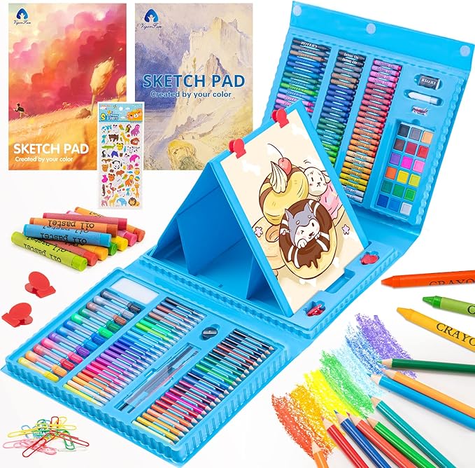 VigorFun Art Supplies, 240-Piece Drawing Art Kit, Gifts Art Set Case with Double Sided Trifold Easel, Includes Oil Pastels, Crayons, Colored Pencils, Watercolor Cakes, Sketch Pad (Blue)