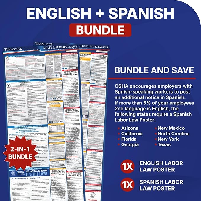 2026 Texas State and Federal Labor Law Poster - English Spanish Combo - OSHA Workplace Compliant - Mandatory Regulations All-In-One Required Compliance Posting for Employees - 17" x 40" - Laminated (Combo)