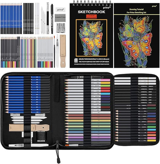 Prina 76 Pack Drawing Set Sketching Kit, Pro Art Supplies with 3-Color Sketchbook, Include Tutorial, Colored, Graphite, Charcoal, Watercolor & Metallic Pencil, for Artists Adults Teens Beginner