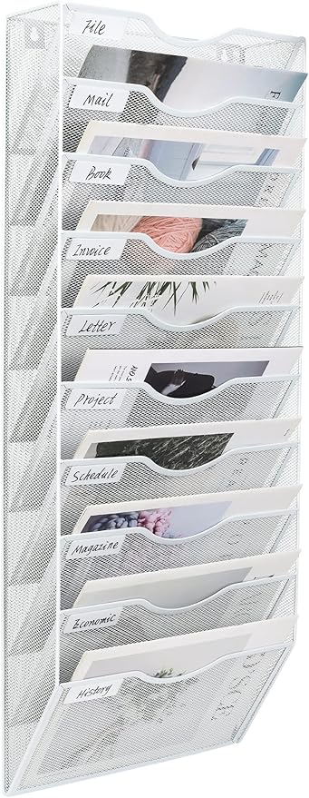 PAG Hanging Wall File Holder Organizer Mail Sorter Literature Rack for Office, 10 Pockets, White