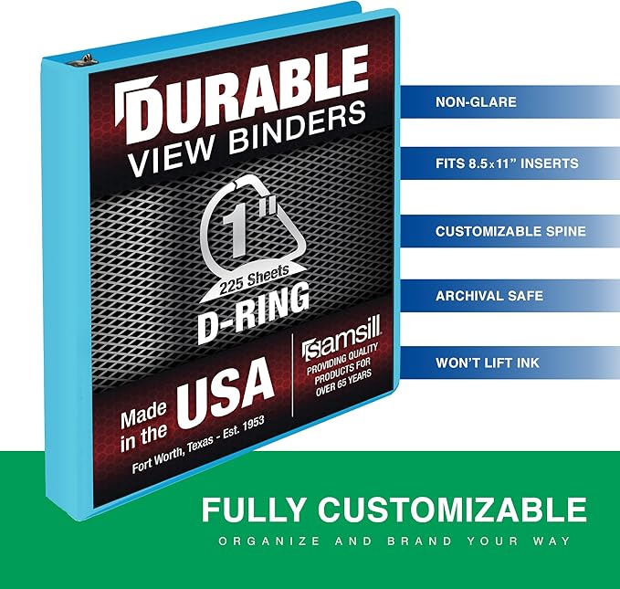 Samsill Durable 1 Inch Binder, Made in The USA, D Ring Binder, Customizable Clear View Cover, Blue Coconut, Holds 225 Pages