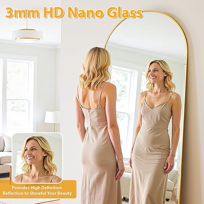 Full Length Mirror, 58"x21" Oversized Floor Mirror Freestanding, Full Body Mirror Floor Standing Mirrors with Stand, Hanging Mounted Mirrors for Bedroom Living Room, Gold, Arched Style