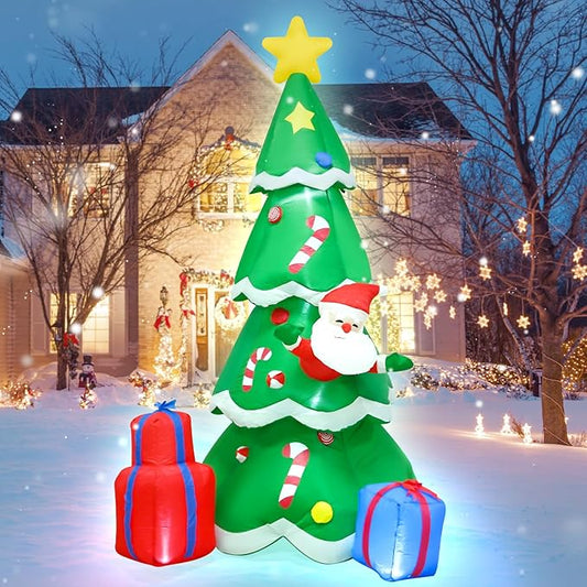 8FT Christmas Inflatables Tree and Santa Decoration Blow up with LED Light Indoor Outdoor Yard Graden Party Holiday Lawn Decor