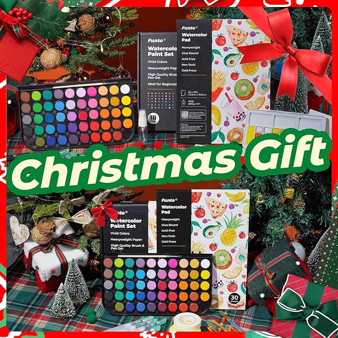 Funto Watercolor Set, 48 Color Paint Set, 10 Brushes, 30 Page Pad(9"x12"), 4 Refillable Pens & More, Painting Kit for Kids, Adults, Beginners