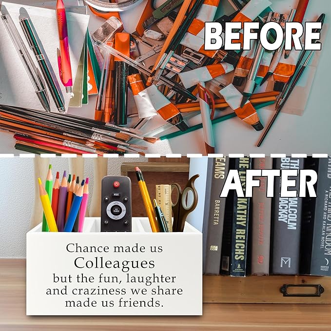 Colleague Gifts Pen Pencil Holder Organizer for Desk, Work Bestie Friends Gifts for Women, Coworker Friend Gift Wooden Box Sign for Home Office Desk Tabletop Decorations