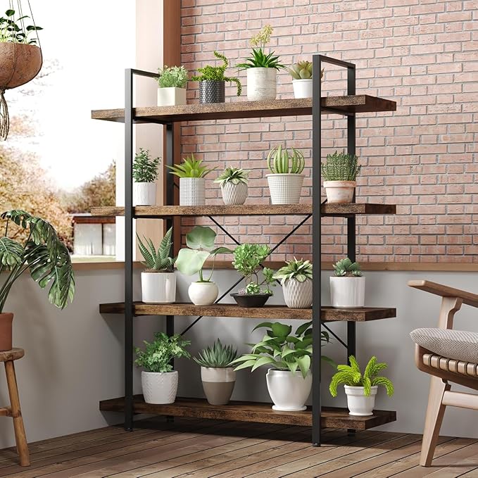 Heavy Duty 4-Tier Industrial Bookcase, 47" Wide Wood Bookshelf for Home Office, 120lbs Shelf Capacity, Rustic Open Shelving Display with Reinforced Horizontal Shelf for Living Room Bedroom