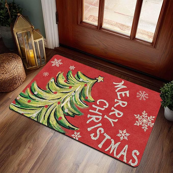 InterestPrint Christmas Doormat Outdoor Entrance Non-Slip Rug Front Porch Rugs, Christmas Tree Snowflakes Welcome Mat Front Door Rug Outdoor Funny Door Mat, 16" x 24" Inch