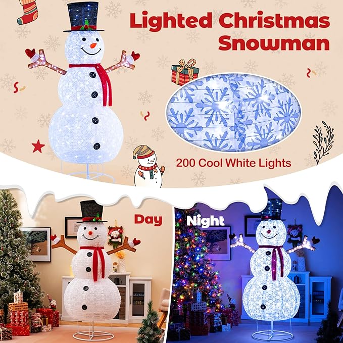 Tangkula 6 FT Pre-Lit Christmas Snowman w/Built-in Lights, Xmas Snowman w/Black Hat, Branch Hands & Snowflake Patterns, Zip Ties & Ground Stakes, Decorative Christmas Snowman for Yard, Garden