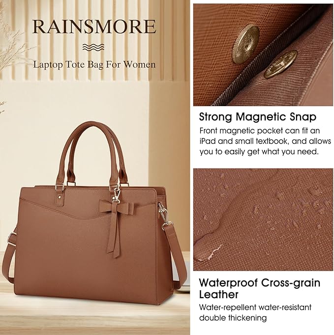 RAINSMORE Laptop Bag for Women 15.6 Inch PU Leather Laptop Tote Professional Business Office Work Bag Waterproof Briefcase Computer Tote Bag Large Lightweight Handbag Shoulder Bag