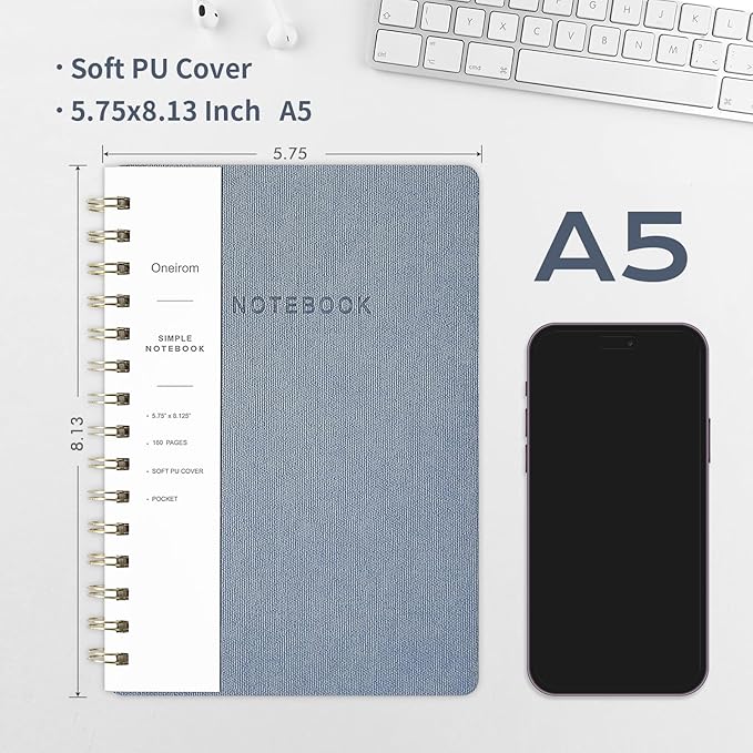 Spiral Notebook -A5 College Ruled Journal with Inner Pockets and 160 Pages,PU Leather Cover Business Journal, Twin-Wire Binding Notebook Perfect for Office & Home School Supplies - ReefBlue/NavyBlue