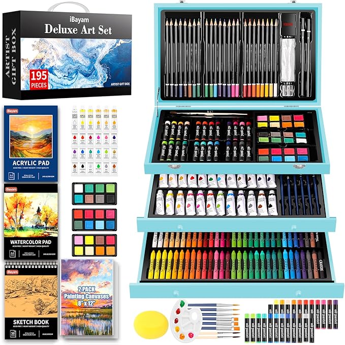 iBayam Art Set for Kids Teens Girls Boys Adult, 195-Pack Deluxe Artist Gift Box with 3 PCS Drawing Pads, A4 Canvases, Arts and Crafts Kits, Painting, Drawing & Art Supplies with 24 Color Acrylic Paint