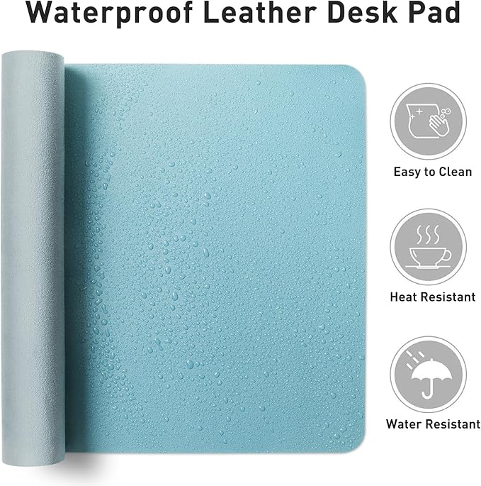 Aothia Large PU Leather Desk Pad Protector – Non-Slip Mouse Pad & Writing Mat for Office/Home, Waterproof, Easy to Clean (48" x 17", Blue Topaz)