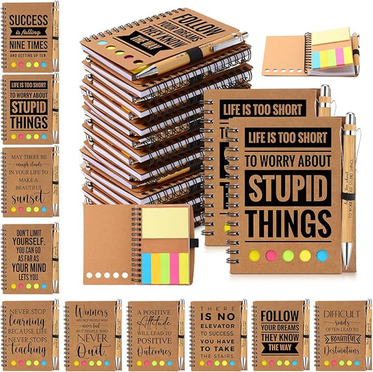 Yeaqee 10 Set Inspirational Spiral Notebook Bulk with Motivational Bamboo Ballpoint Pens Sticky Notepad Employee Appreciation Gifts for Teacher Staff Team Nurse Housekeeping Week Medical Assistant