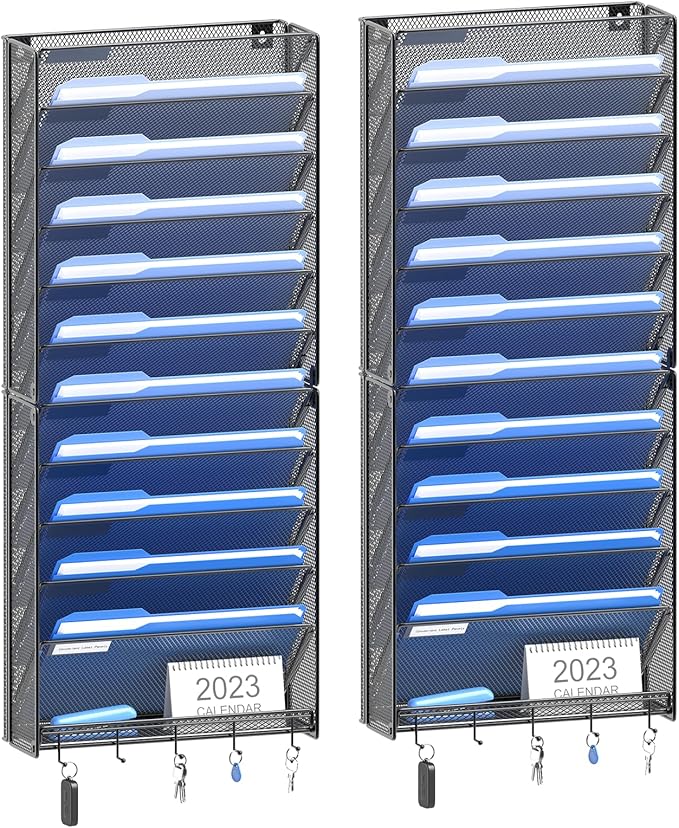 OUTWOLF 2Pack 12 Tier Hanging Wall File Organizer with Hooks, Vertical Wall Mount File Folder Holder, Paper Document Mail Organizer for Office