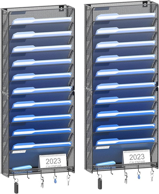 OUTWOLF 2Pack 12 Tier Hanging Wall File Organizer with Hooks, Vertical Wall Mount File Folder Holder, Paper Document Mail Organizer for Office