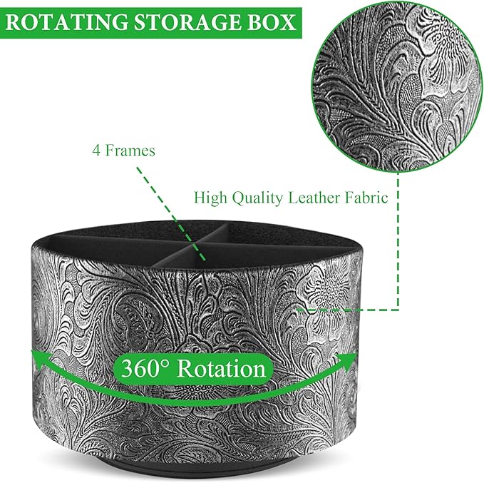 lizimandu Round Leather Art Supply Organizer,Remote Control Holder,360 Degree Spinning,Multi-Functional Pencil Holder,4 Compartments Desktop Stationary Organizer(1-Grey)