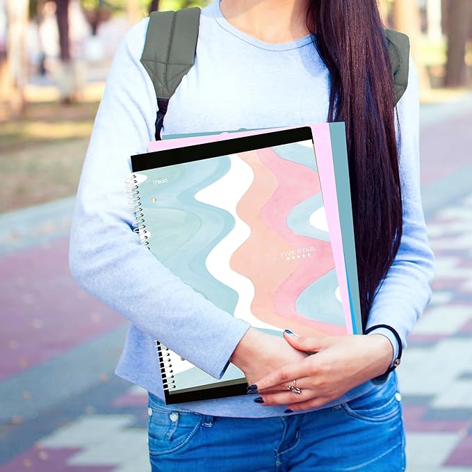 Five Star Spiral Notebook + Study App, 2 Pack, 1 Subject, Wide Ruled, 8" x 10-1/2", 80 Sheets, Fights Ink Bleed, Water Resistant Cover, Pastel Waves and Brush Strokes (930210F-ECM)