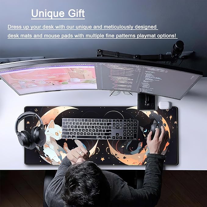 Cute Black White Cats Desk Mat Anime Cat Mouse Pad Kawaii Moon Desk Pad XL Large Extended Mousepad Desk Matt for Desktop, Computer Keyboard Mouse Mat for Women Office Decor Accessories 31.5x11.8 in