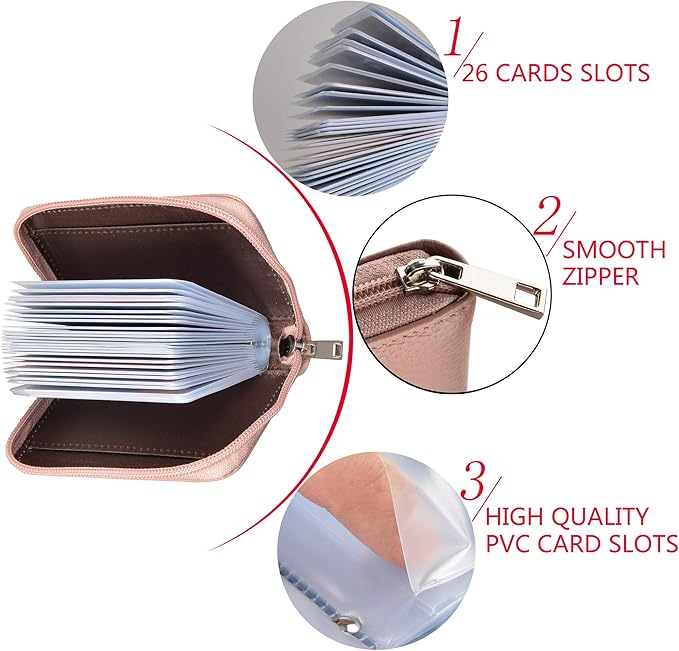 Easyoulife Genuine Leather Credit Card Holder Zipper Wallet With 26 Card Slots