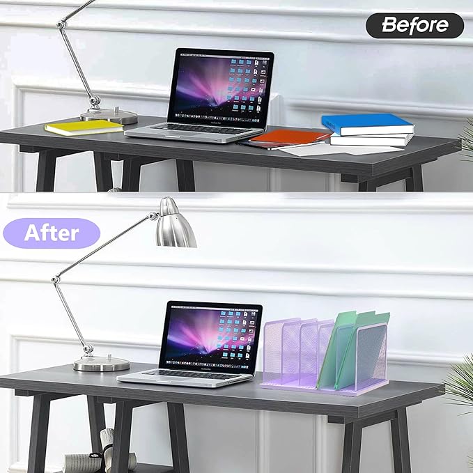 Kuntine.B Desk File Organizer Upright Mesh Desktop Organizer File Sorter Office Organization File Holder for Home, Office & Classroom (Purple, 1 Pack 5-Section)