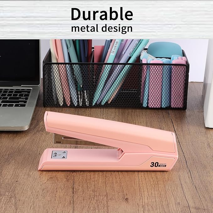 Metal Stapler with 830 Staples, Office Stapler, Staplers for Desk, 25-30 Sheet Capacity, Non-Slip, Pink