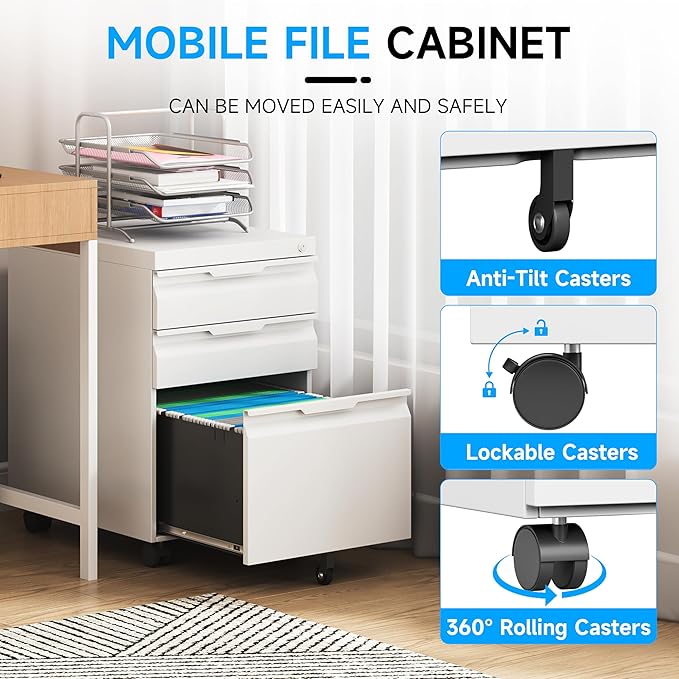 Bestoo 3 Drawer Mobile File Cabinet, Metal Filing Cabinets with Lock Wheels Under Desk, Lockable Rolling File Cabinet for Home Office, Fit Letter/Legal/A4 Size (White)