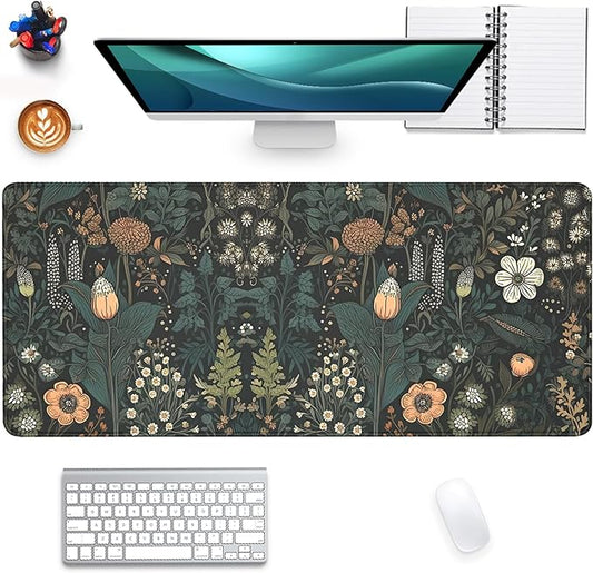 Dark Cottagecore Mouse Pad Floral Desk Pad,Botanical Mousepad, Vintage Desk Mat,Wildflower Mousepad with Stitched Edges Non-Slip Waterproof Rubber Base Mouse Mat for Office Work Home(27.5X11.8 in)