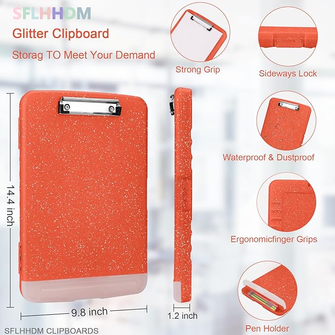 Glitter Clipboard with Storage,Storage Clipboard with Pen Holder,A4 Binder Clip Boards 8.5x11 with Low Profile Clip,Side Opening Sparkle Clipboards, Clipboards Folder for Office Supplies-Orange