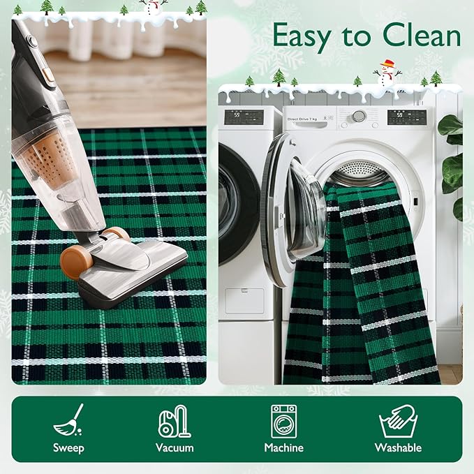 Christmas Door Mat Outdoor 35"x59", Green/Black Buffalo Plaid Front Porch Rug Cotton Hand-Woven Washable Layered Door Mats,Reversible Checkered Floor Rugs for Home Decor Outside